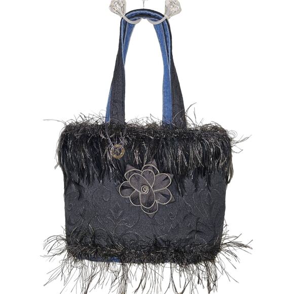 HANDMADE Black Fringe Floral Flower Pocketbook Handbag Purse NEW Signed GIFT - Picture 1 of 9